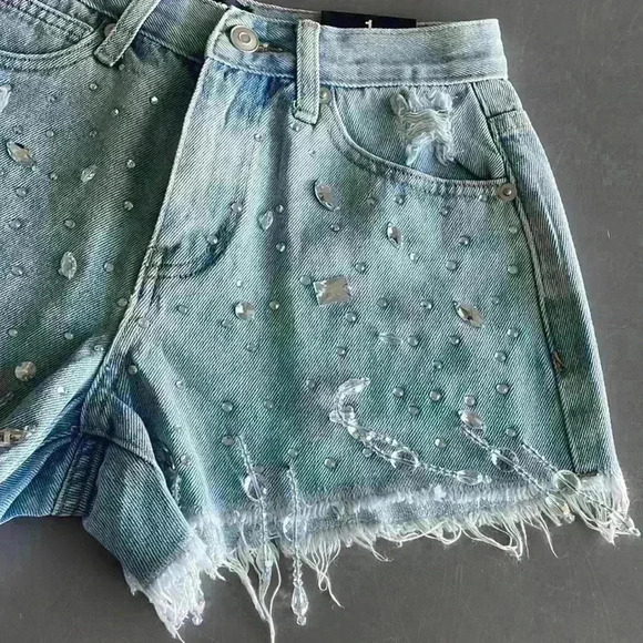 Embellished Crystals Denim Jeans Shorts Sz 1 - Picture 7 of 14